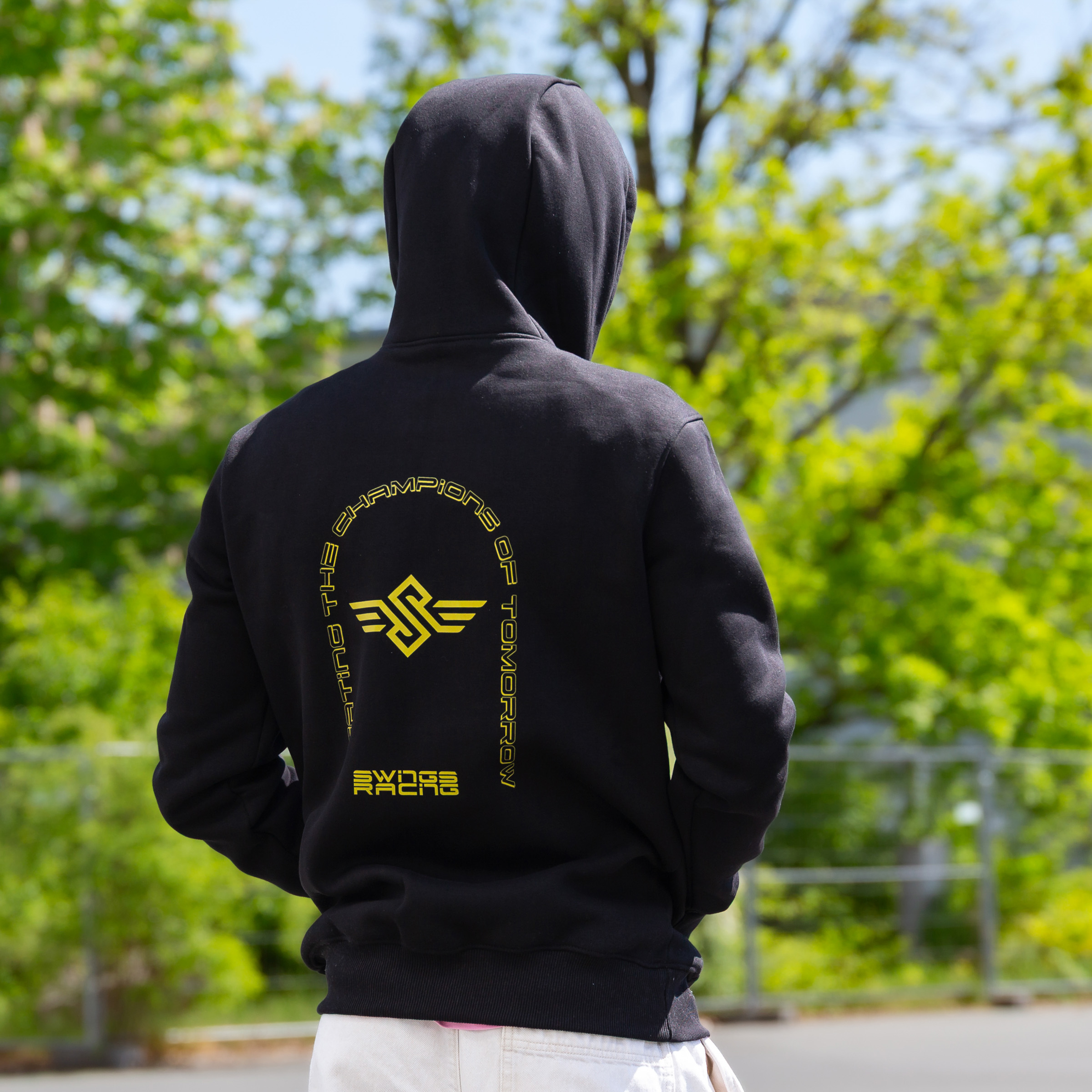 Swings Racing Hoodie premium skate hoodie with athletic fit Black Back person