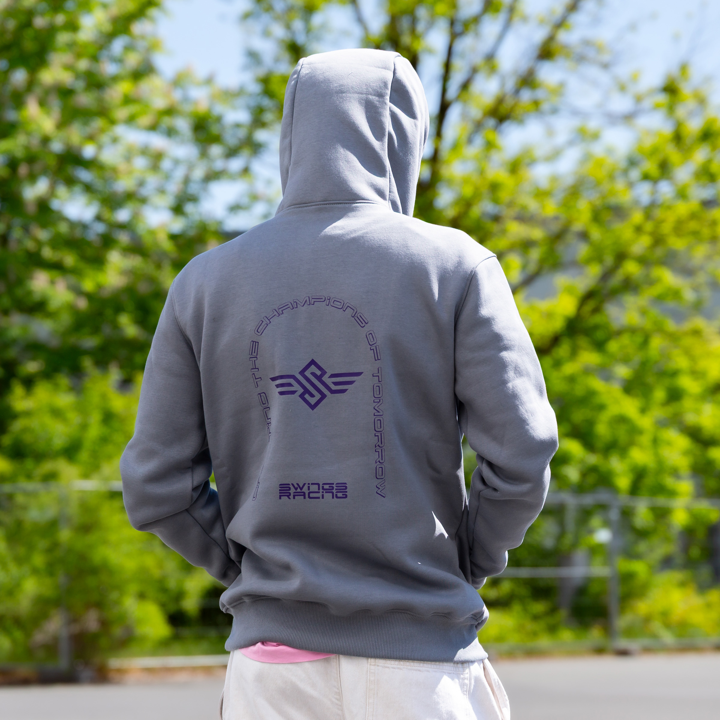 Swings Racing Hoodie premium skate hoodie with athletic fit Grey Back Person