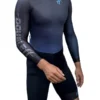 Aerodynamic DOUBLEff long sleeve speed skating suit with skin-fit design and rear zipper for maximum racing performance in black/blue color.