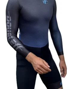Aerodynamic DOUBLEff long sleeve speed skating suit with skin-fit design and rear zipper for maximum racing performance in black/blue color.
