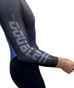 Aerodynamic DOUBLEff long sleeve speed skating suit with skin-fit design and rear zipper for maximum racing performance in black/blue color. Side