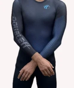 Aerodynamic DOUBLEff long sleeve speed skating suit with skin-fit design and rear zipper for maximum racing performance in black/blue color. Front