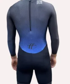 Aerodynamic DOUBLEff long sleeve speed skating suit with skin-fit design and rear zipper for maximum racing performance in black/blue color. Back