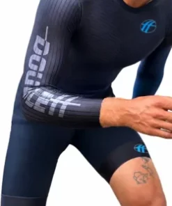 Aerodynamic DOUBLEff long sleeve speed skating suit with skin-fit design and rear zipper for maximum racing performance in black/blue color. Move