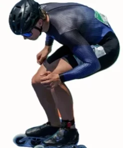 Aerodynamic DOUBLEff long sleeve speed skating suit with skin-fit design and rear zipper for maximum racing performance in black/blue color. Speed